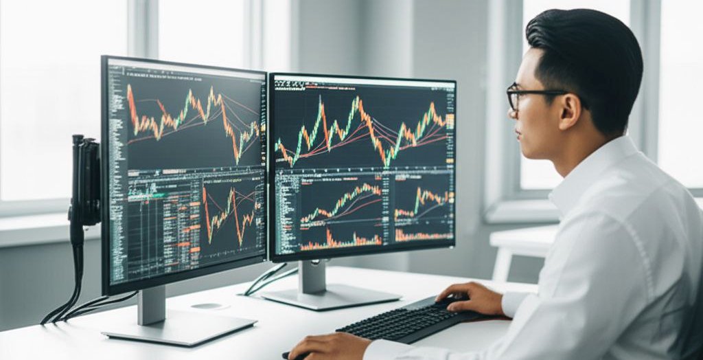 someone staring at 2 monitors displaying currency price charts